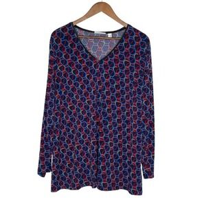 Susan Graver Womens Geometric Print Liquid Knit Top Size 2X Long Sleeve V Neck